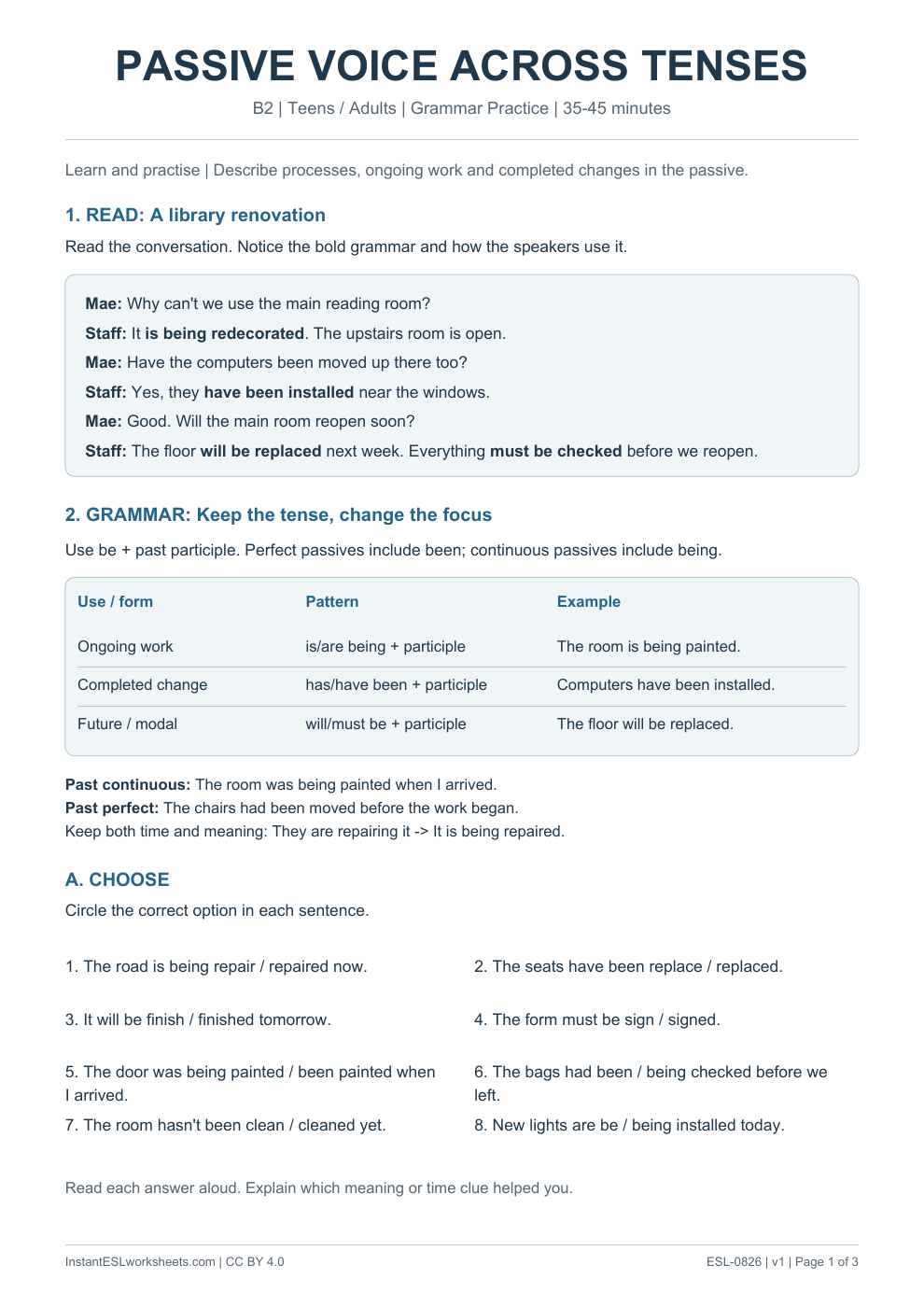 Page 1 of Passive Voice Across Tenses - Grammar Practice