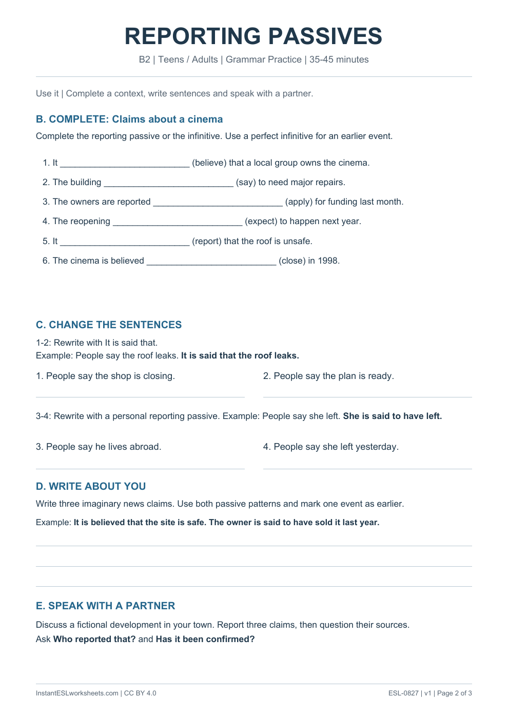 Page 2 of Reporting Passives - Grammar Practice