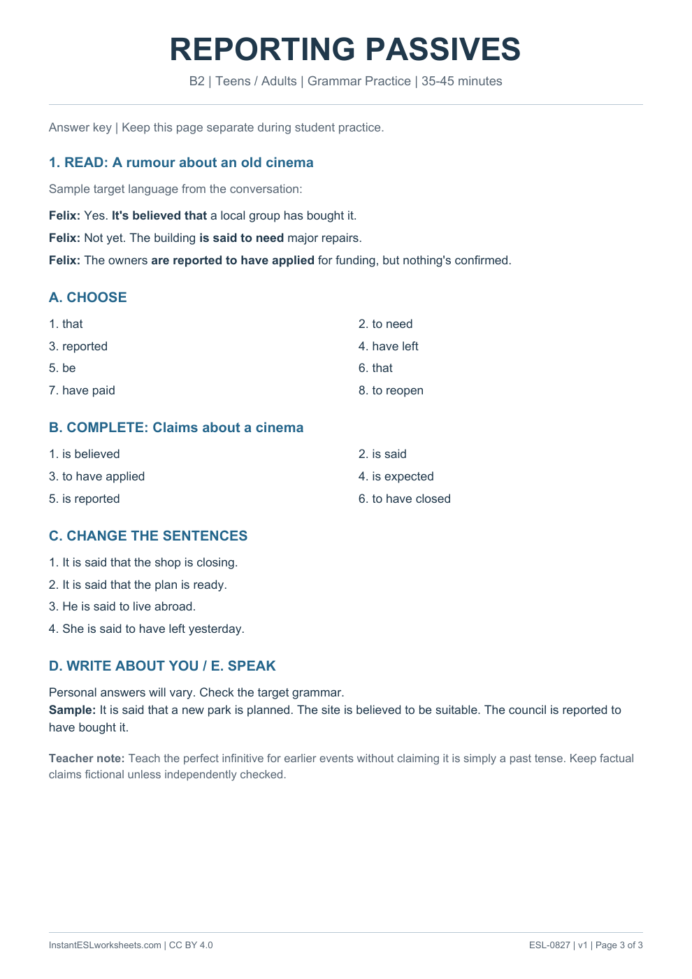 Page 3 of Reporting Passives - Grammar Practice - answer key