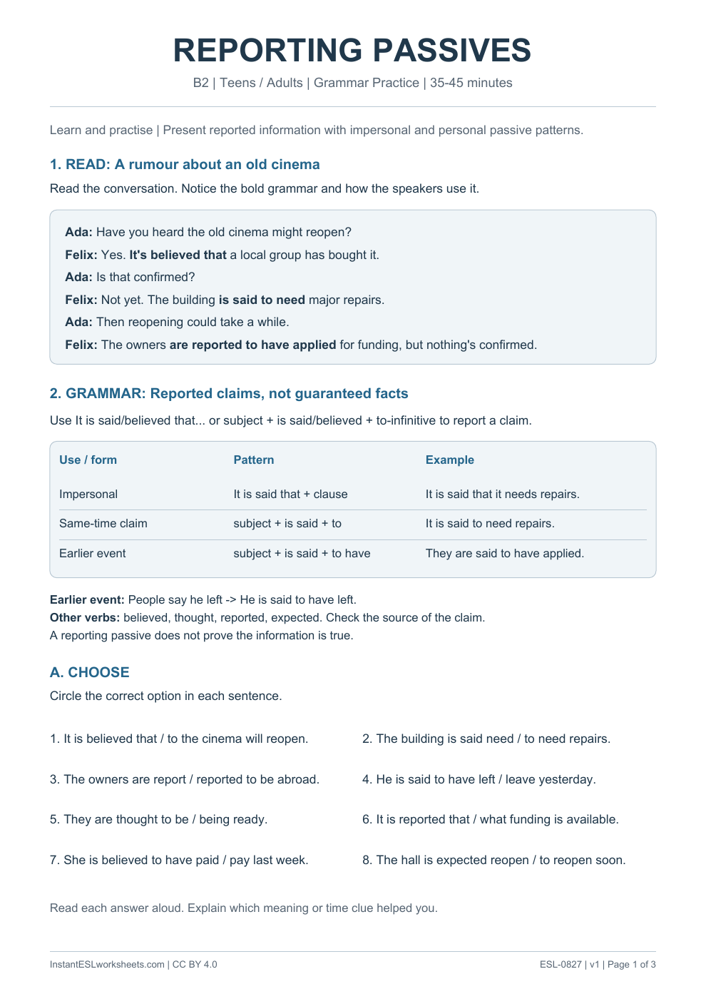 Page 1 of Reporting Passives - Grammar Practice