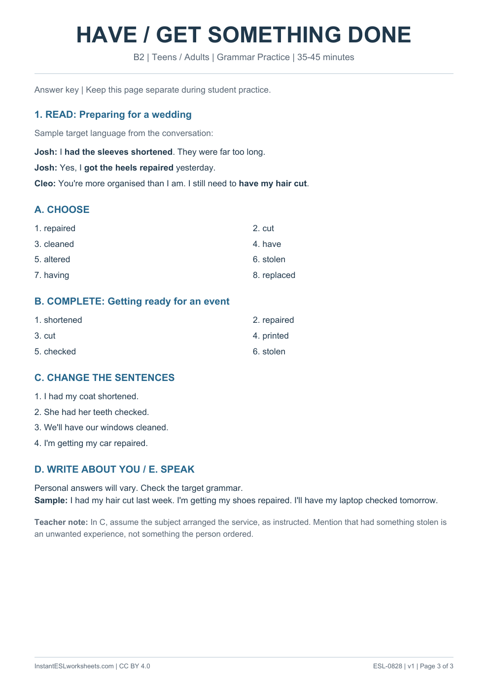 Page 3 of Have Get Something Done - Grammar Practice - answer key