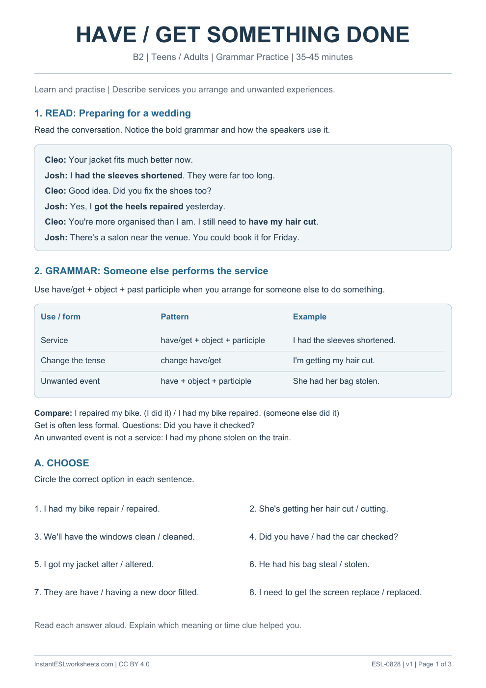 Page 1 of Have Get Something Done - Grammar Practice