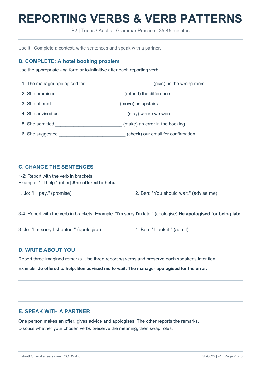 Page 2 of Reporting Verbs and Patterns - Grammar Practice