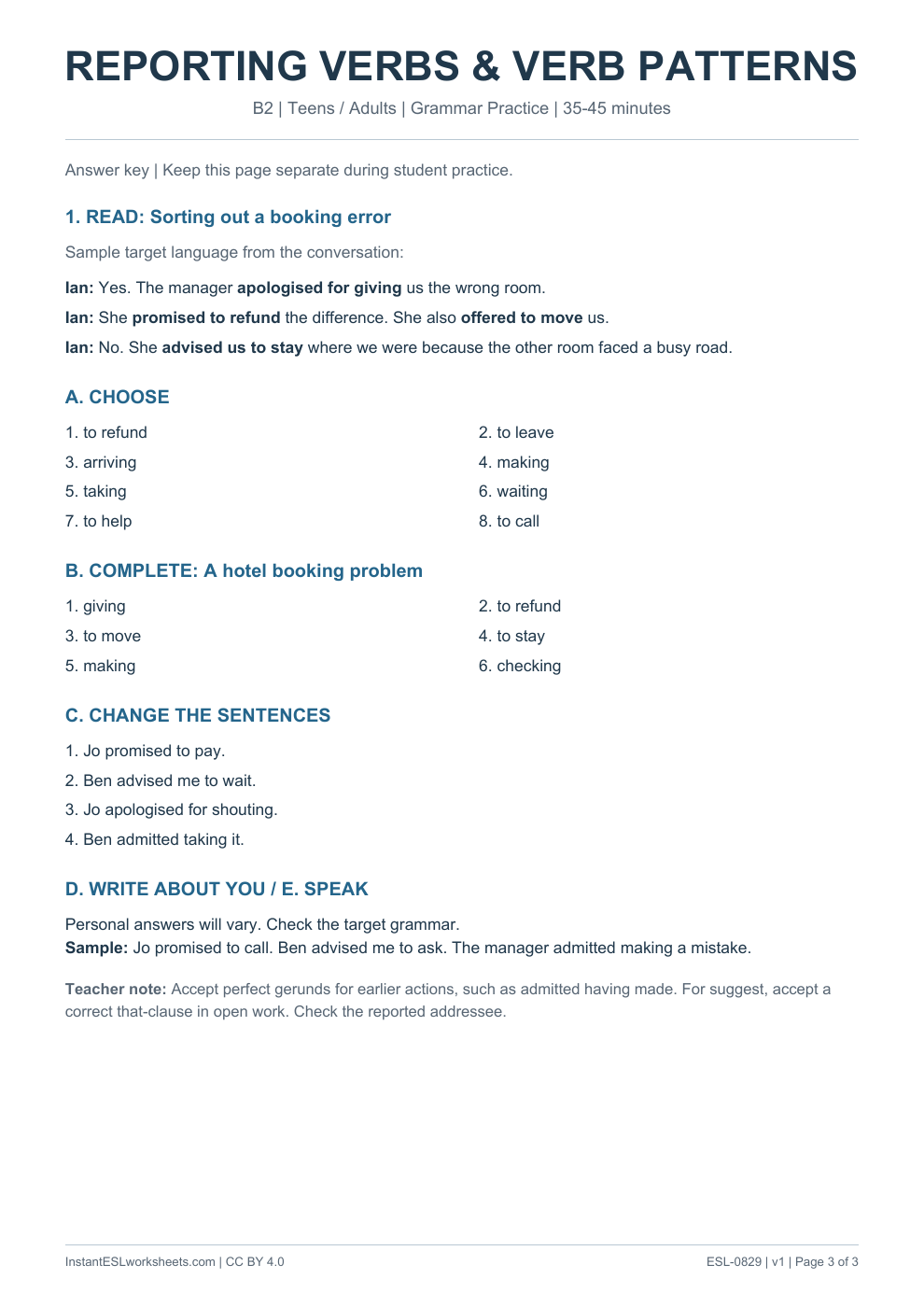 Page 3 of Reporting Verbs and Patterns - Grammar Practice - answer key