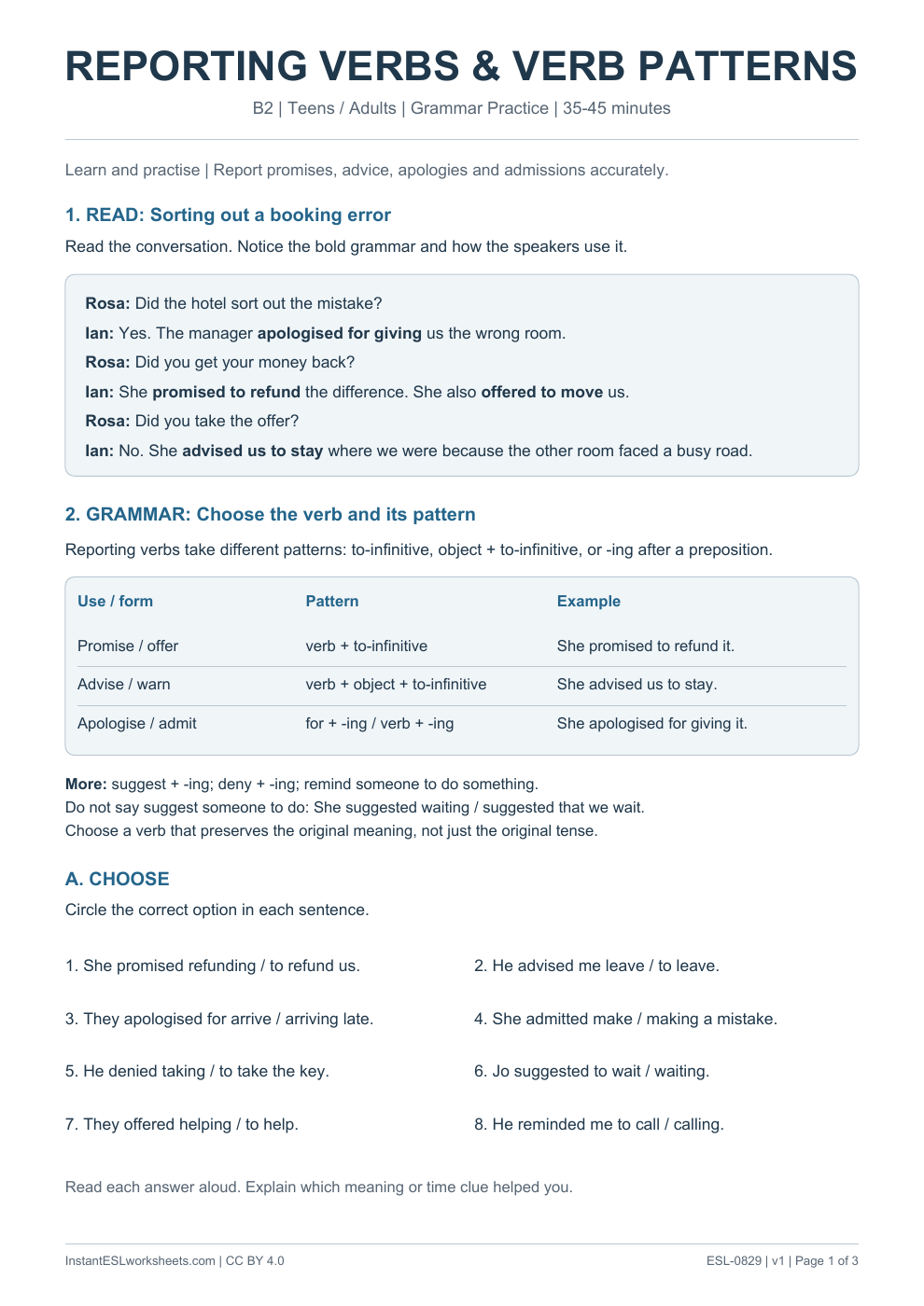 Page 1 of Reporting Verbs and Patterns - Grammar Practice