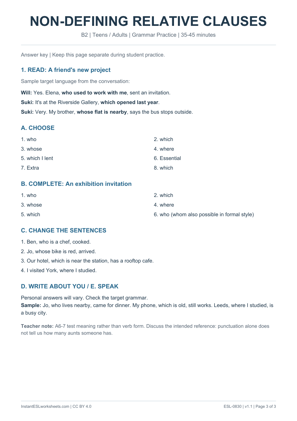 Page 3 of Non Defining Relative Clauses - Grammar Practice - answer key