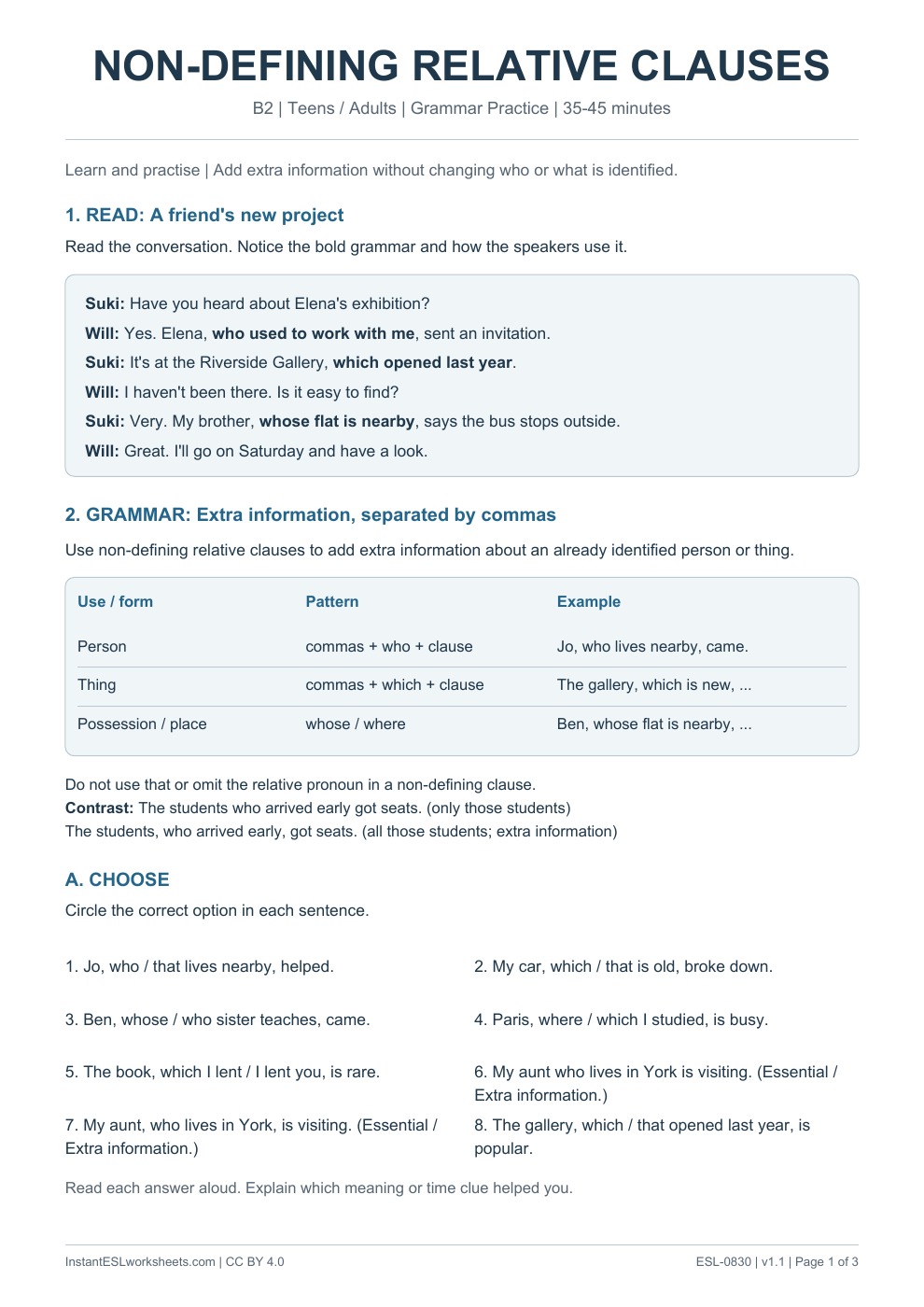 Page 1 of Non Defining Relative Clauses - Grammar Practice