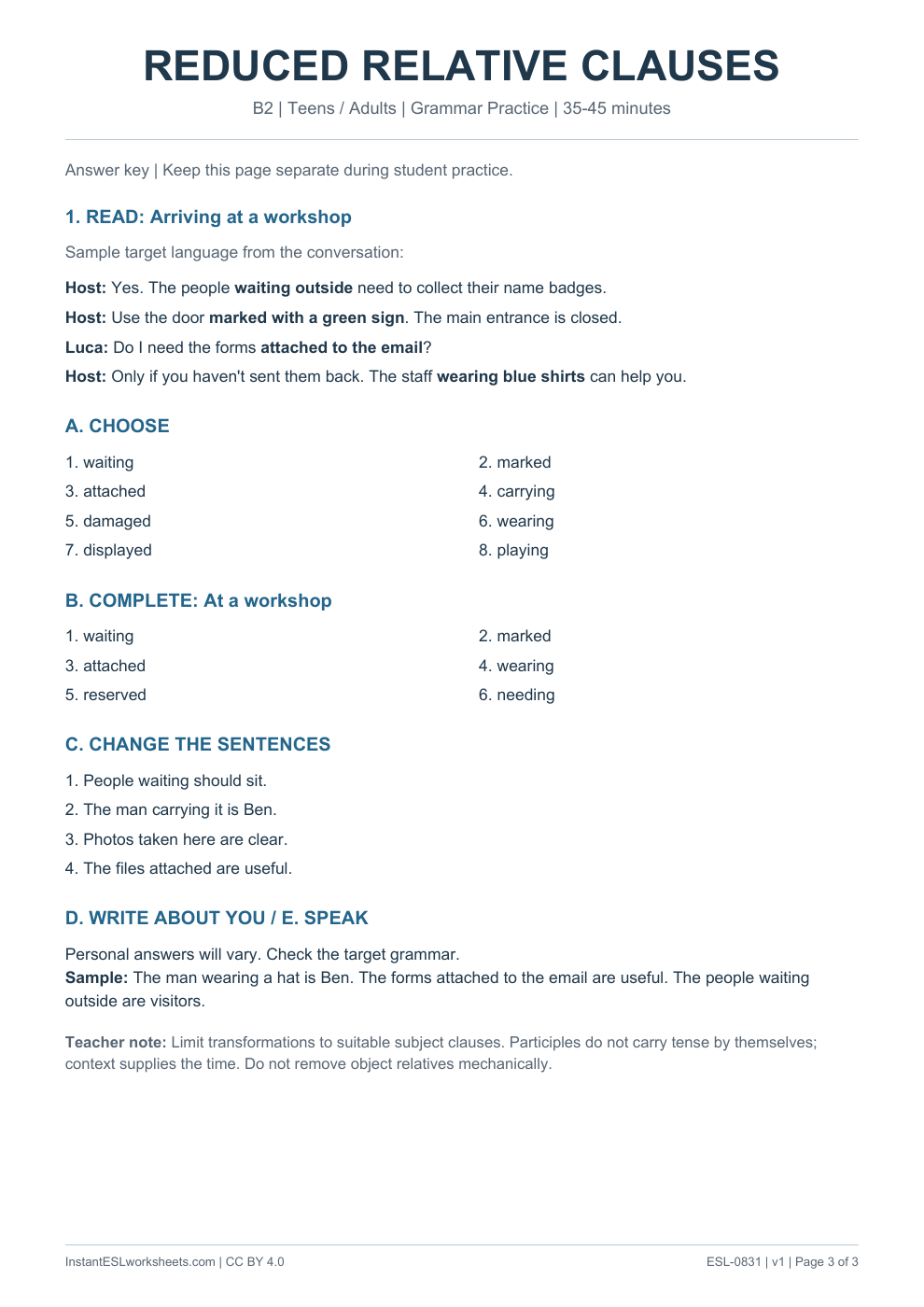 Page 3 of Reduced Relative Clauses - Grammar Practice - answer key