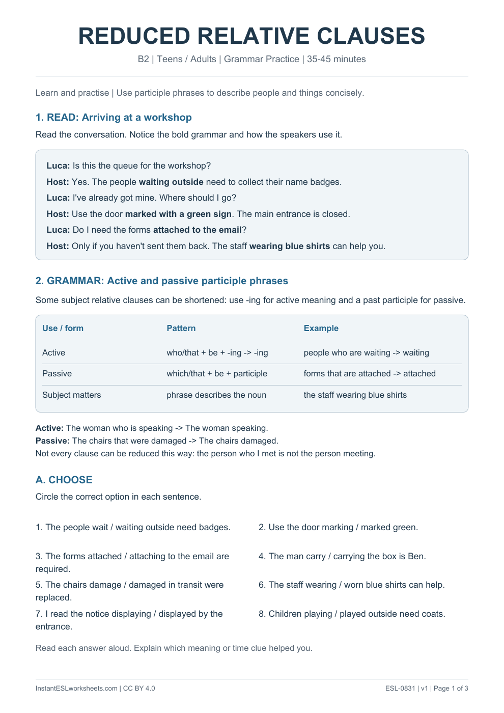 Page 1 of Reduced Relative Clauses - Grammar Practice