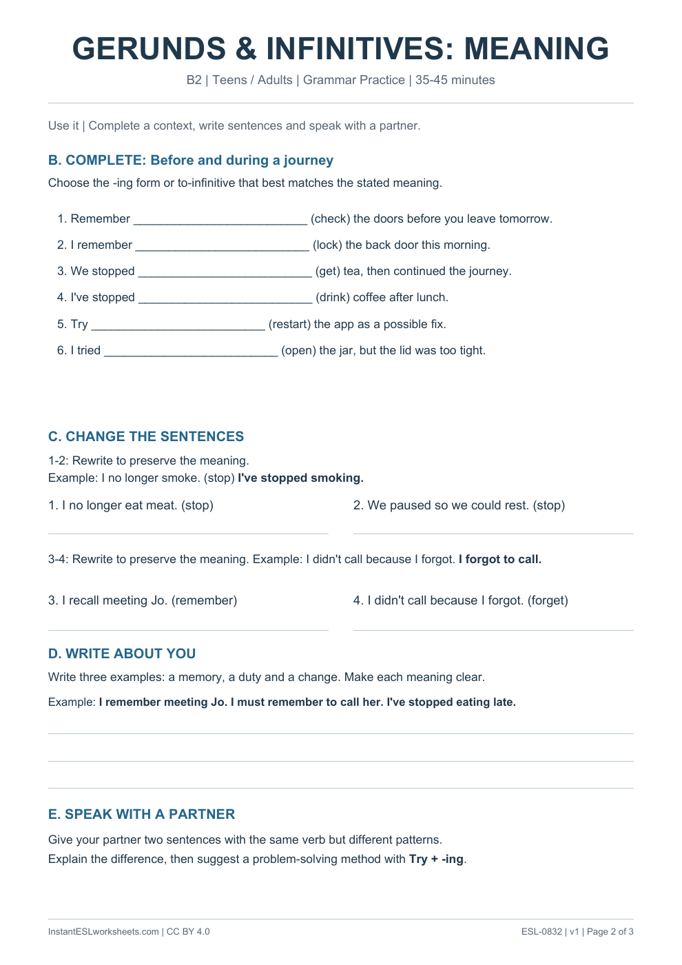 Page 2 of Gerunds Infinitives Changes in Meaning - Grammar Practice