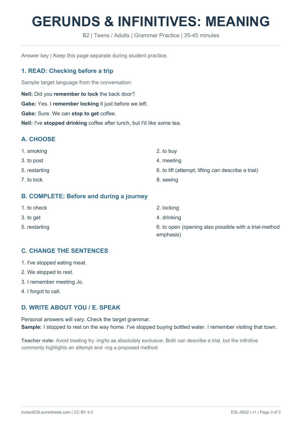 Page 3 of Gerunds Infinitives Changes in Meaning - Grammar Practice - answer key