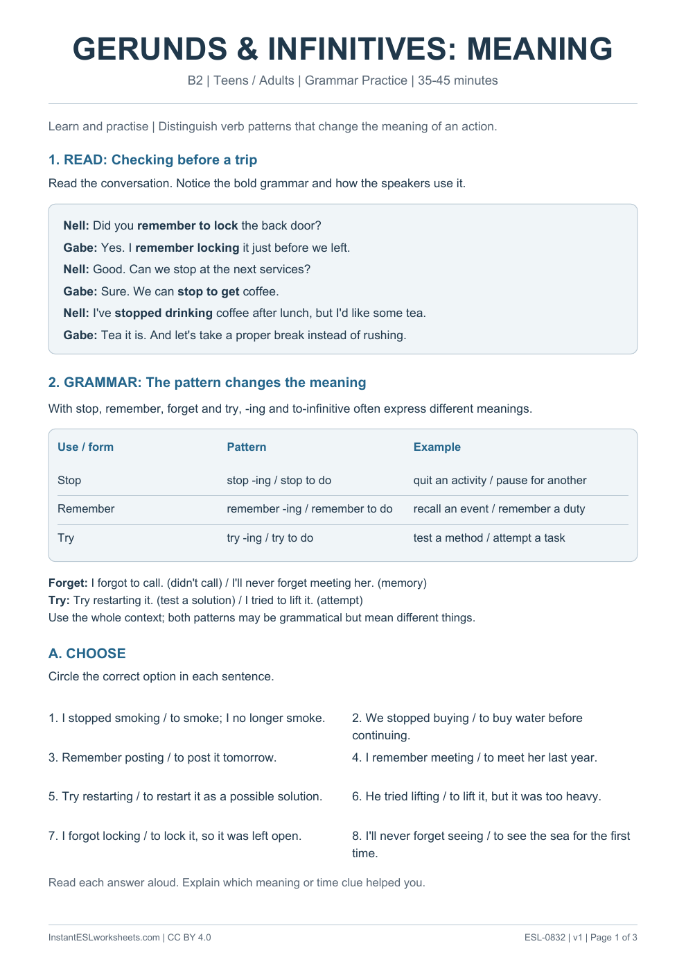Page 1 of Gerunds Infinitives Changes in Meaning - Grammar Practice