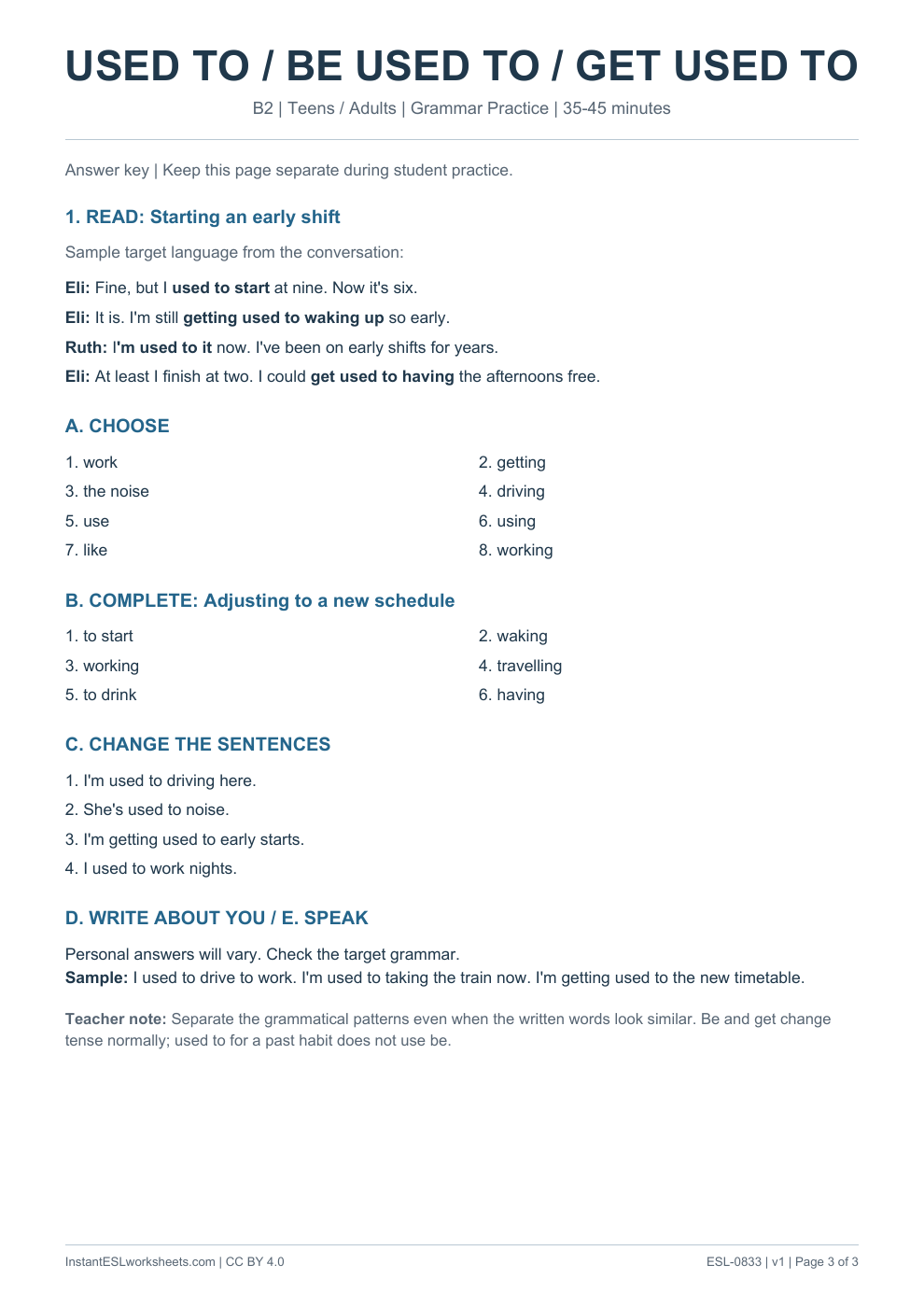 Page 3 of Used To Be Used To Get Used To - Grammar Practice - answer key