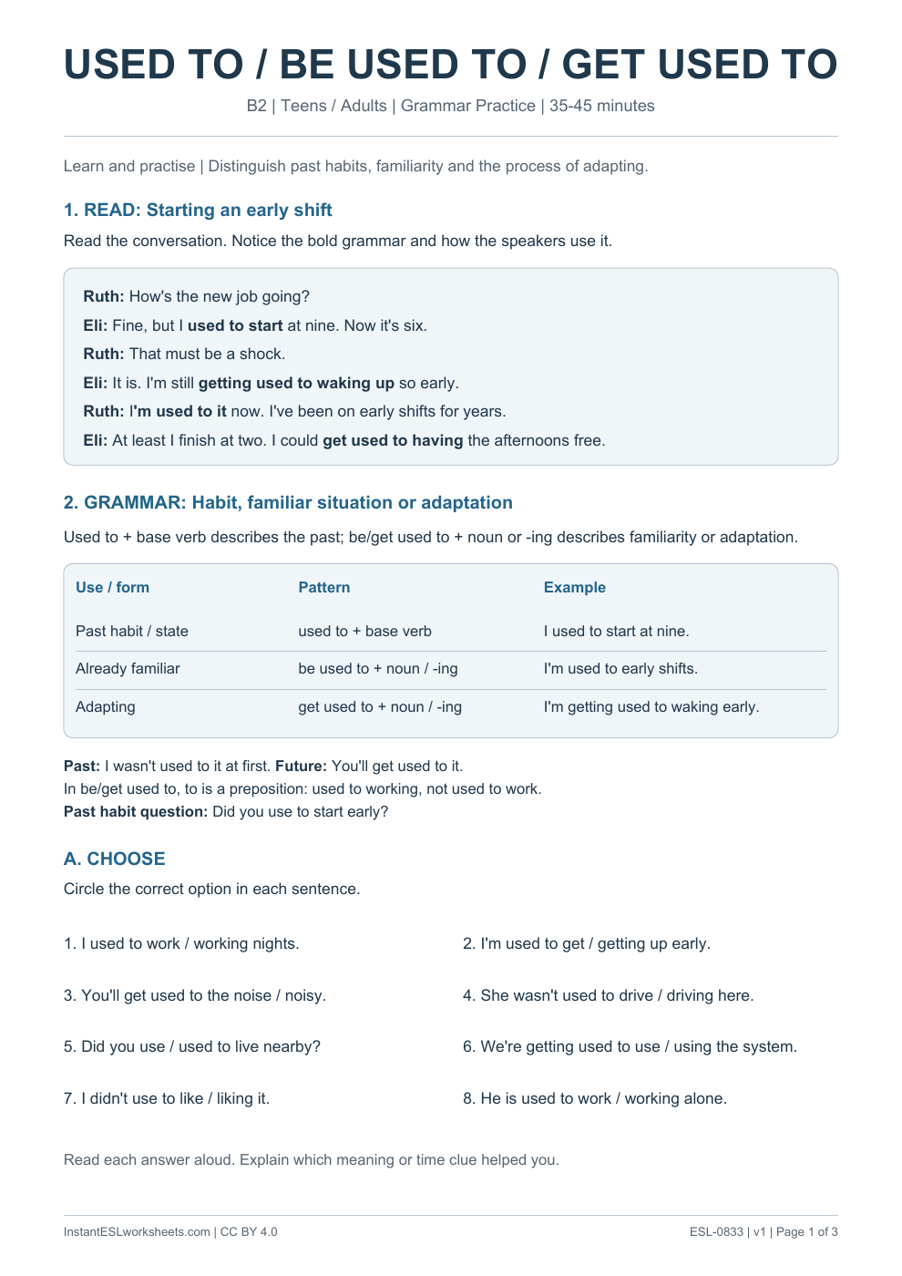 Page 1 of Used To Be Used To Get Used To - Grammar Practice