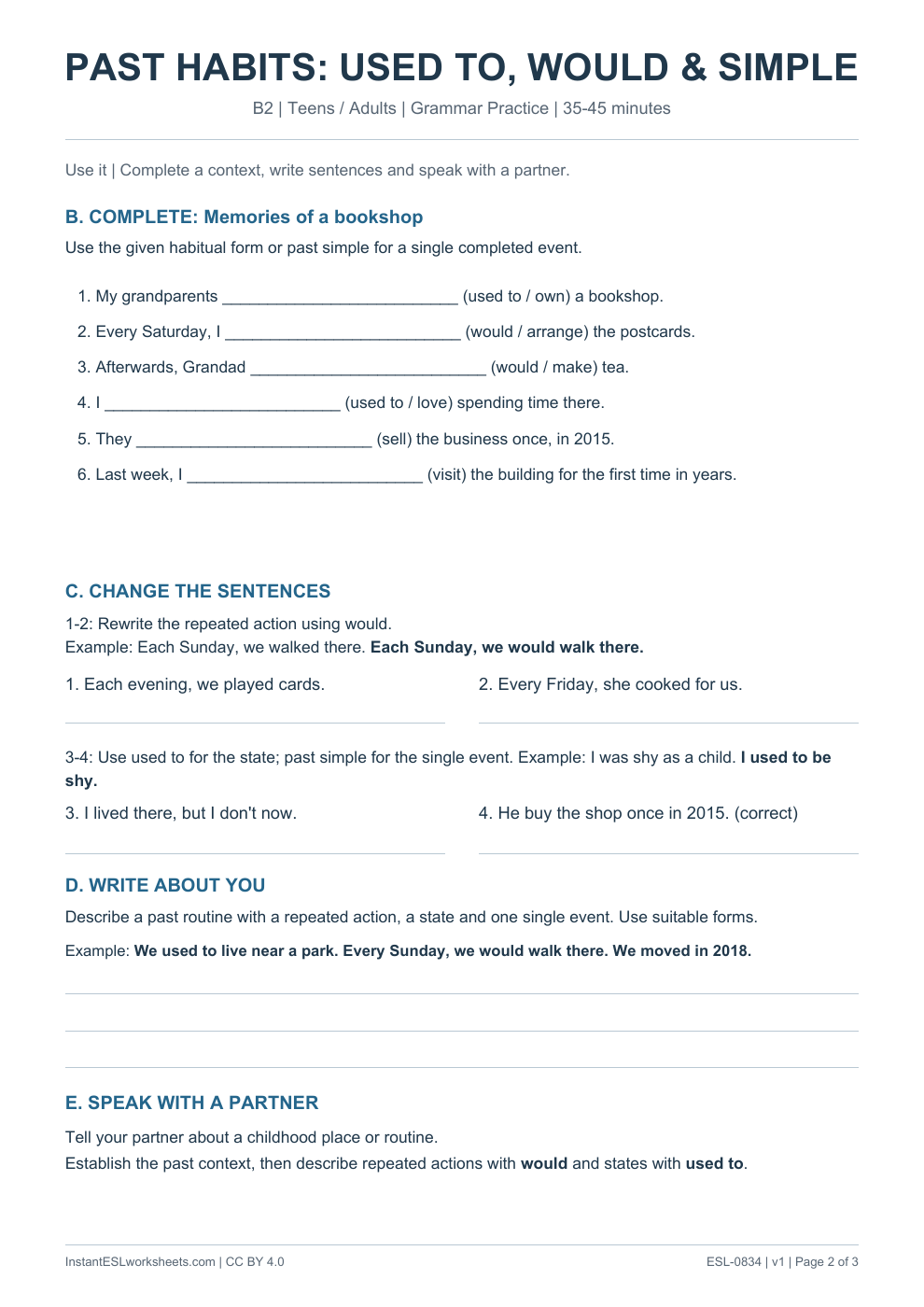 Page 2 of Past Habits Used To Would Past Simple - Grammar Practice