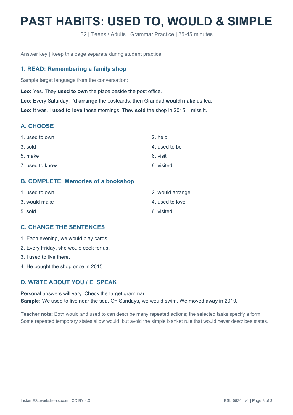 Page 3 of Past Habits Used To Would Past Simple - Grammar Practice - answer key