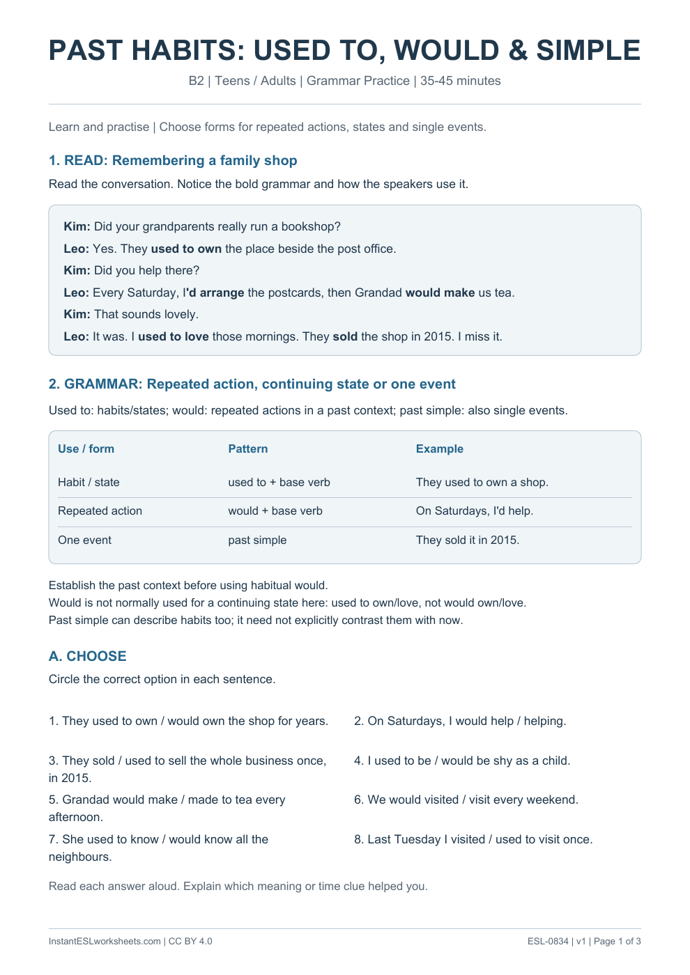 Page 1 of Past Habits Used To Would Past Simple - Grammar Practice