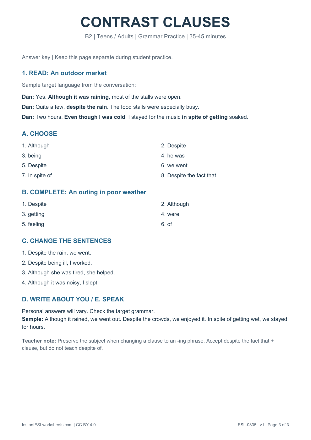 Page 3 of Contrast Clauses - Grammar Practice - answer key