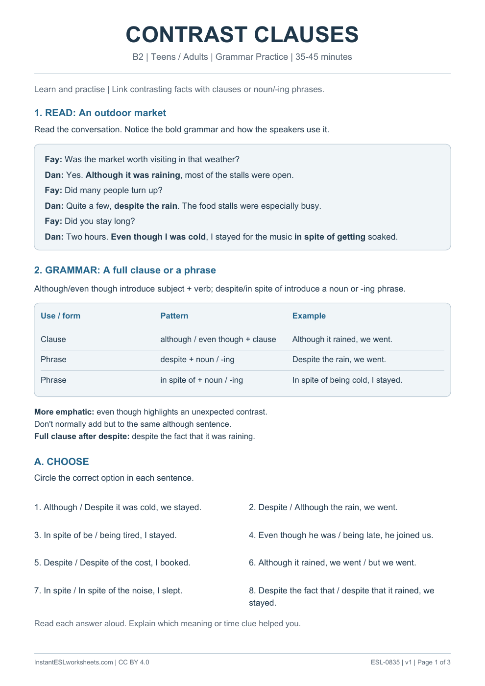 Page 1 of Contrast Clauses - Grammar Practice