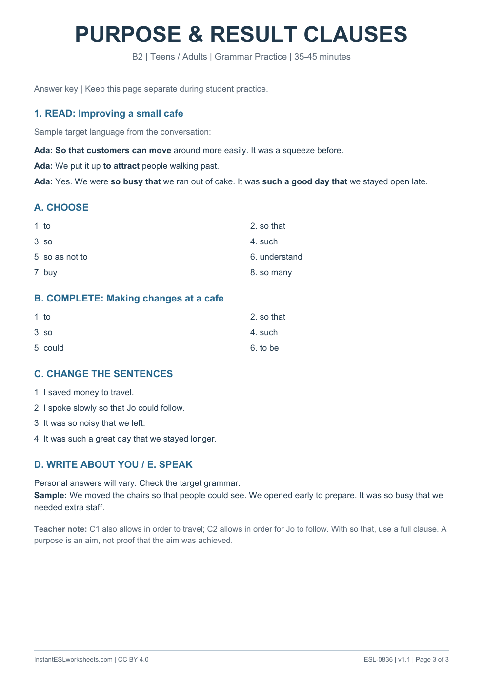 Page 3 of Purpose and Result Clauses - Grammar Practice - answer key
