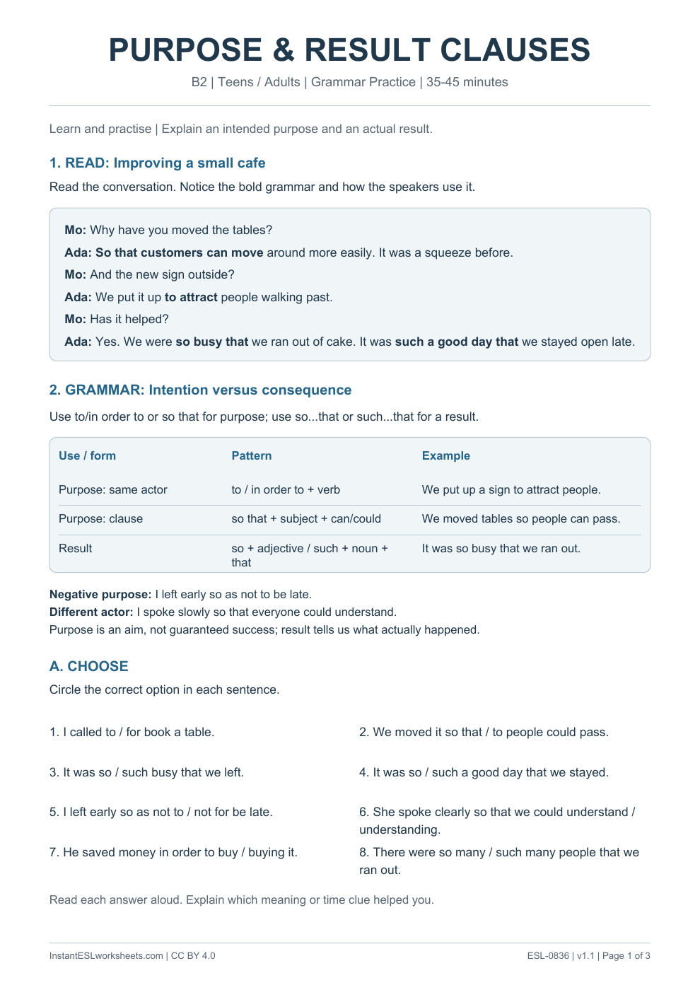 Page 1 of Purpose and Result Clauses - Grammar Practice