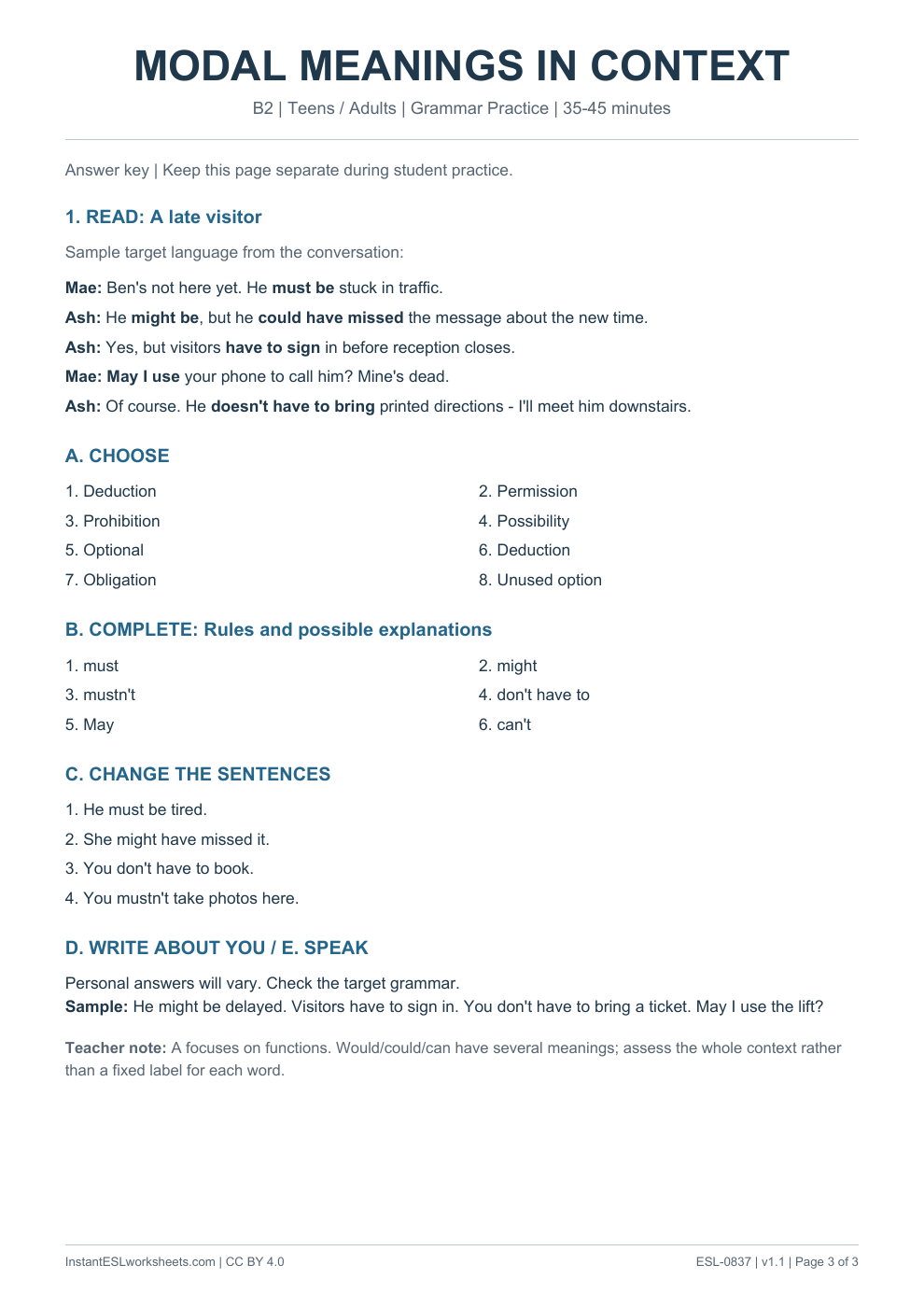 Page 3 of Modal Meanings - Grammar Practice - answer key