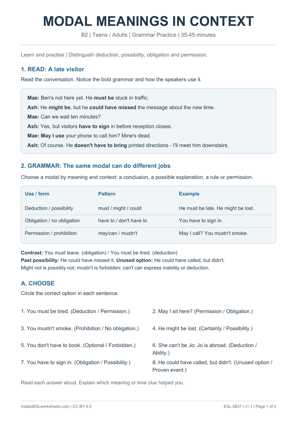 Page 1 of Modal Meanings - Grammar Practice