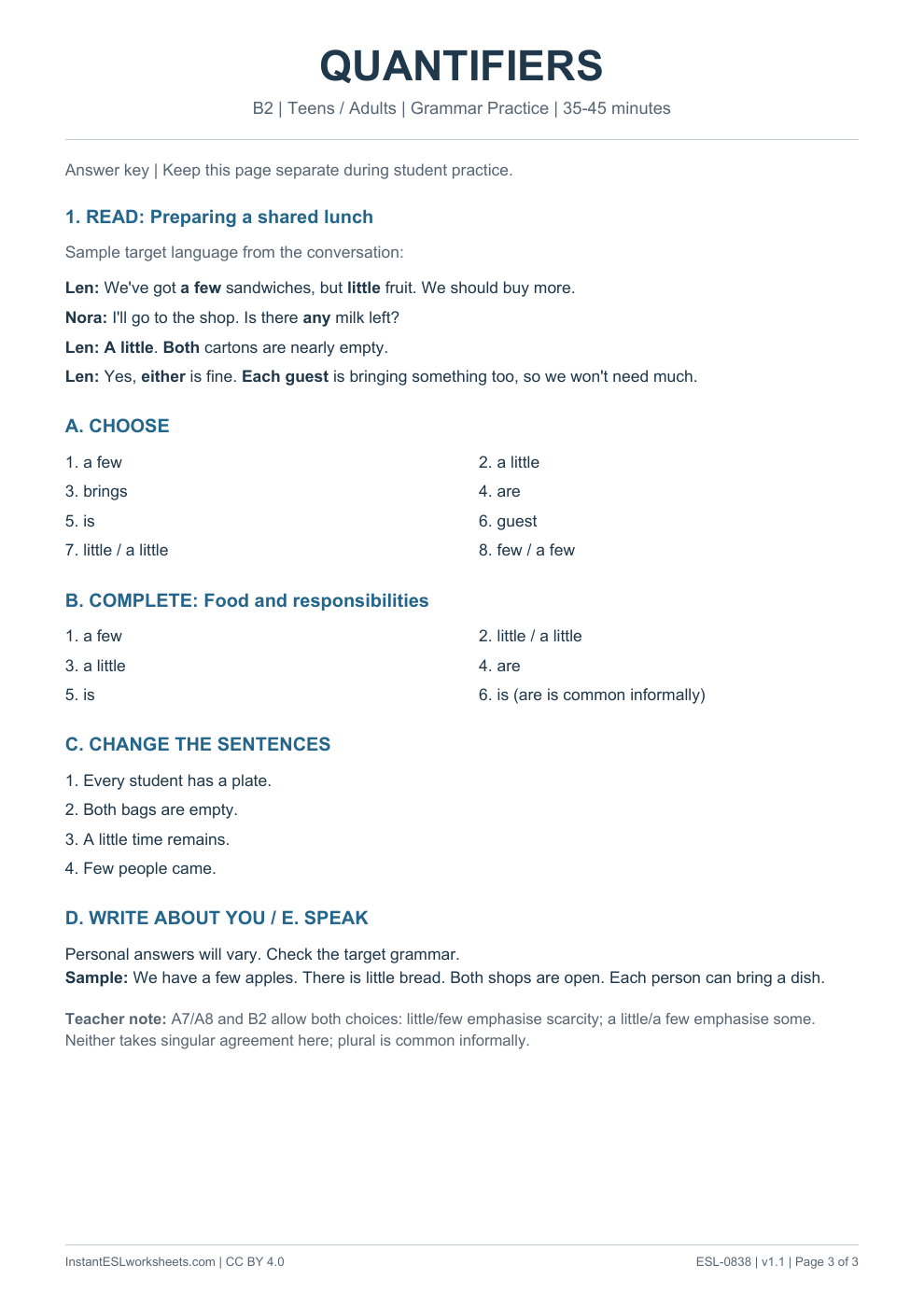 Page 3 of Quantifiers - Grammar Practice - answer key