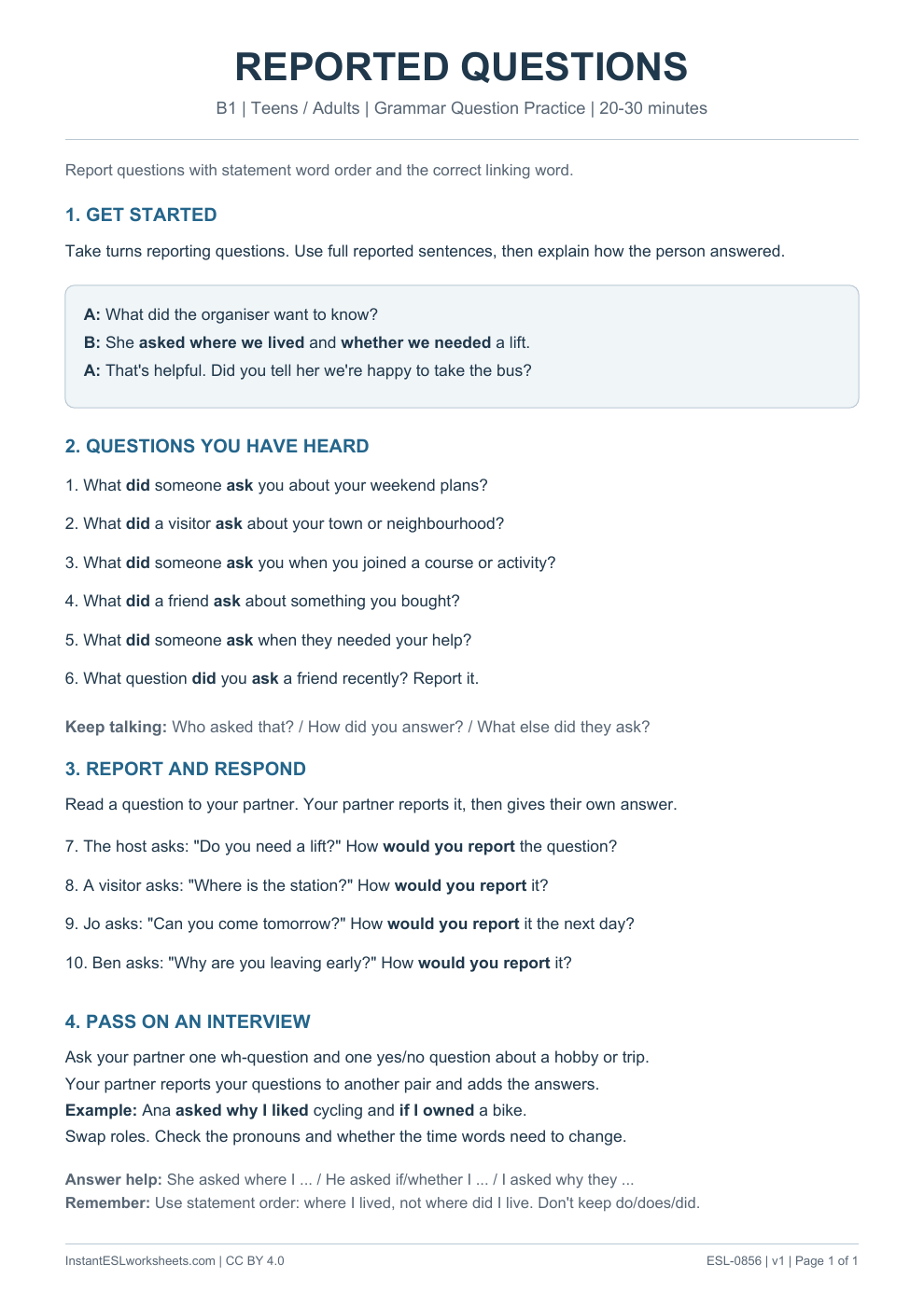 Page 1 of Reported Questions - Grammar Question Practice
