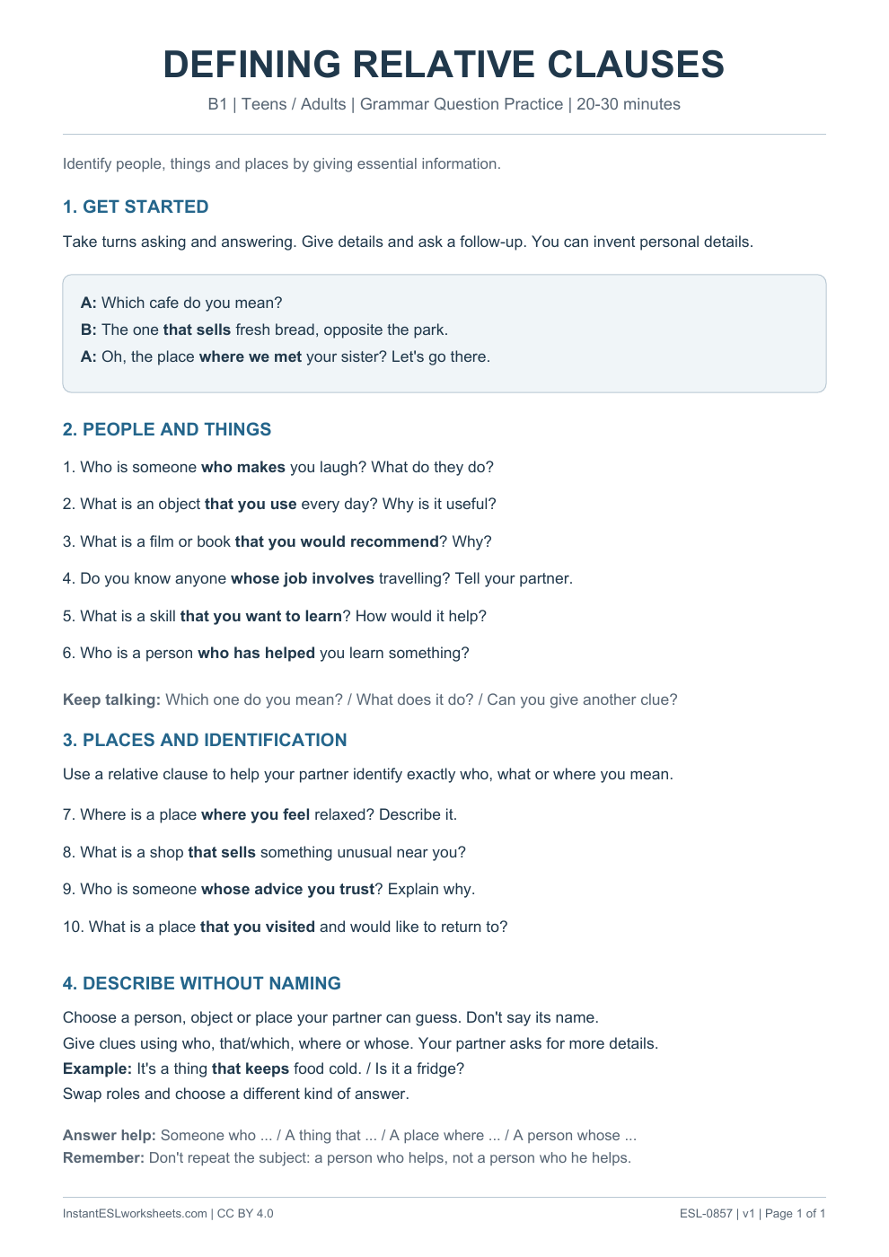 Page 1 of Defining Relative Clauses - Grammar Question Practice