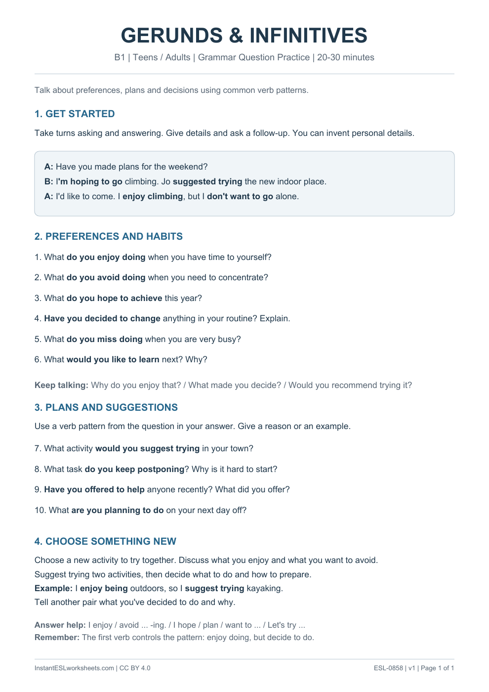 Page 1 of Gerunds and Infinitives - Grammar Question Practice