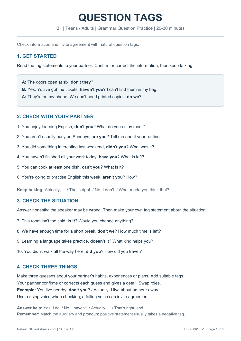 Page 1 of Question Tags - Grammar Question Practice