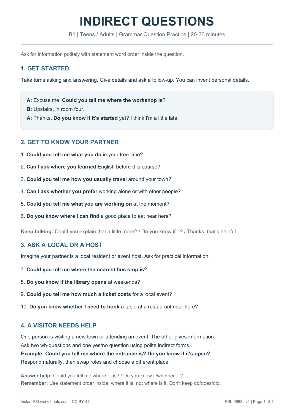 Page 1 of Indirect Questions - Grammar Question Practice