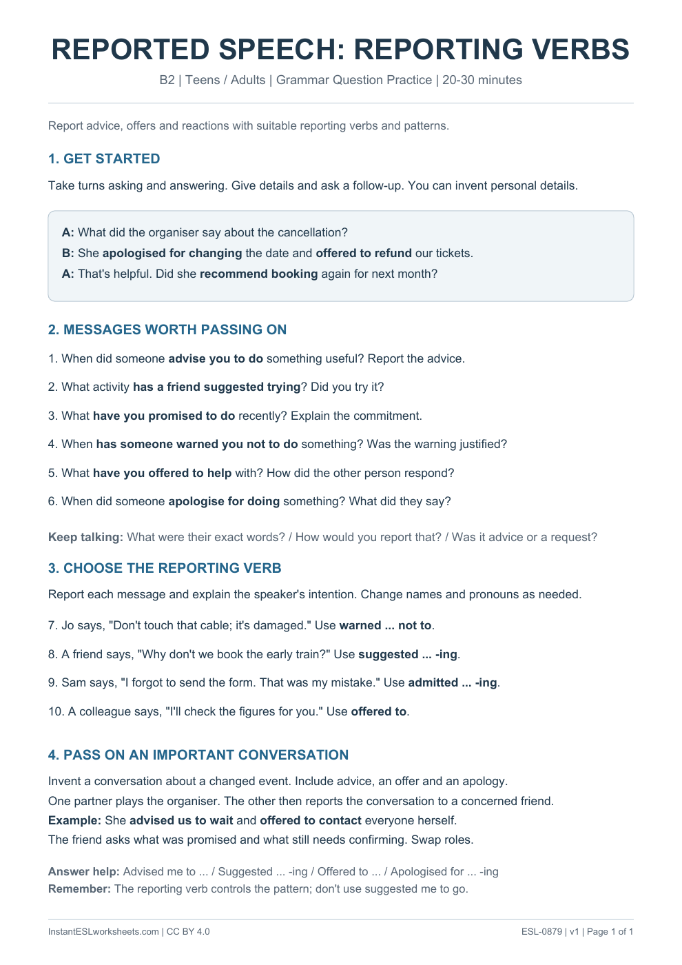 Page 1 of Reported Speech Reporting Verbs - Grammar Question Practice