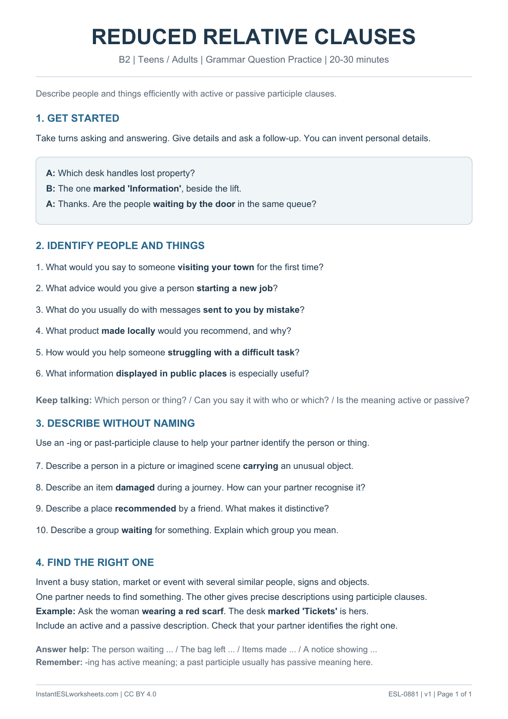 Page 1 of Reduced Relative Clauses - Grammar Question Practice