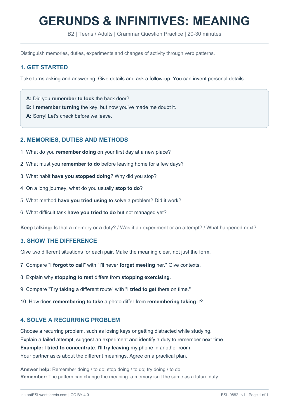 Page 1 of Gerunds and Infinitives Meaning Changes - Grammar Question Practice