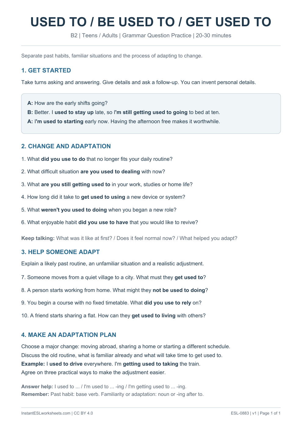 Page 1 of Used To Be Used To Get Used To - Grammar Question Practice