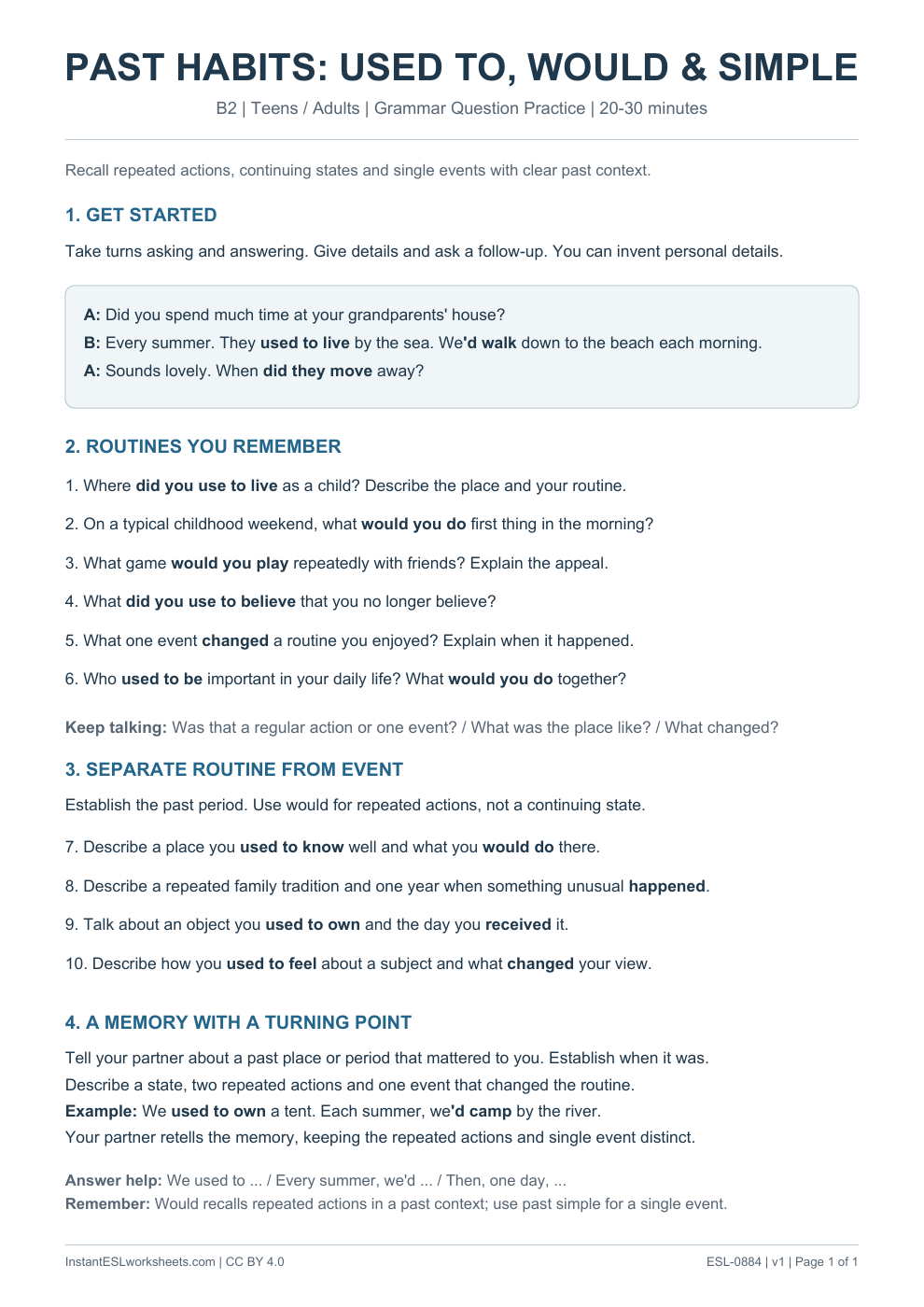Page 1 of Past Habits Used To Would Past Simple - Grammar Question Practice
