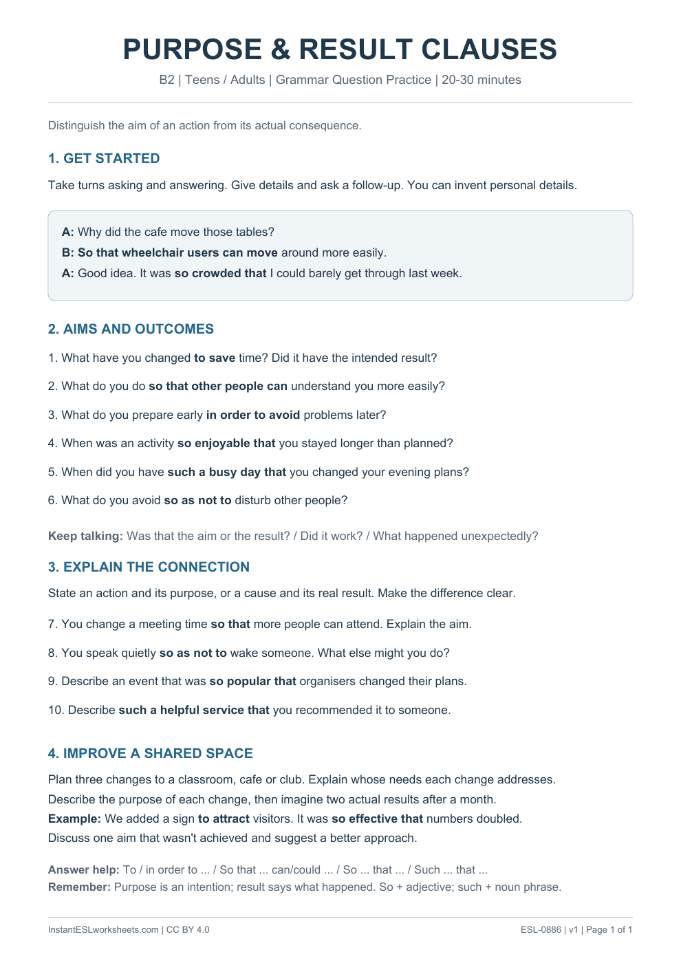 Page 1 of Purpose and Result Clauses - Grammar Question Practice