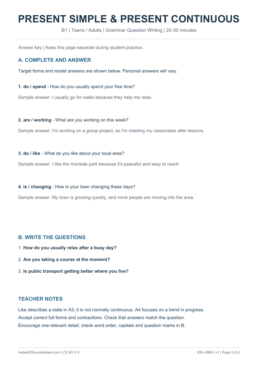 Page 2 of Present Simple and Present Continuous - Grammar Question Writing - answer key
