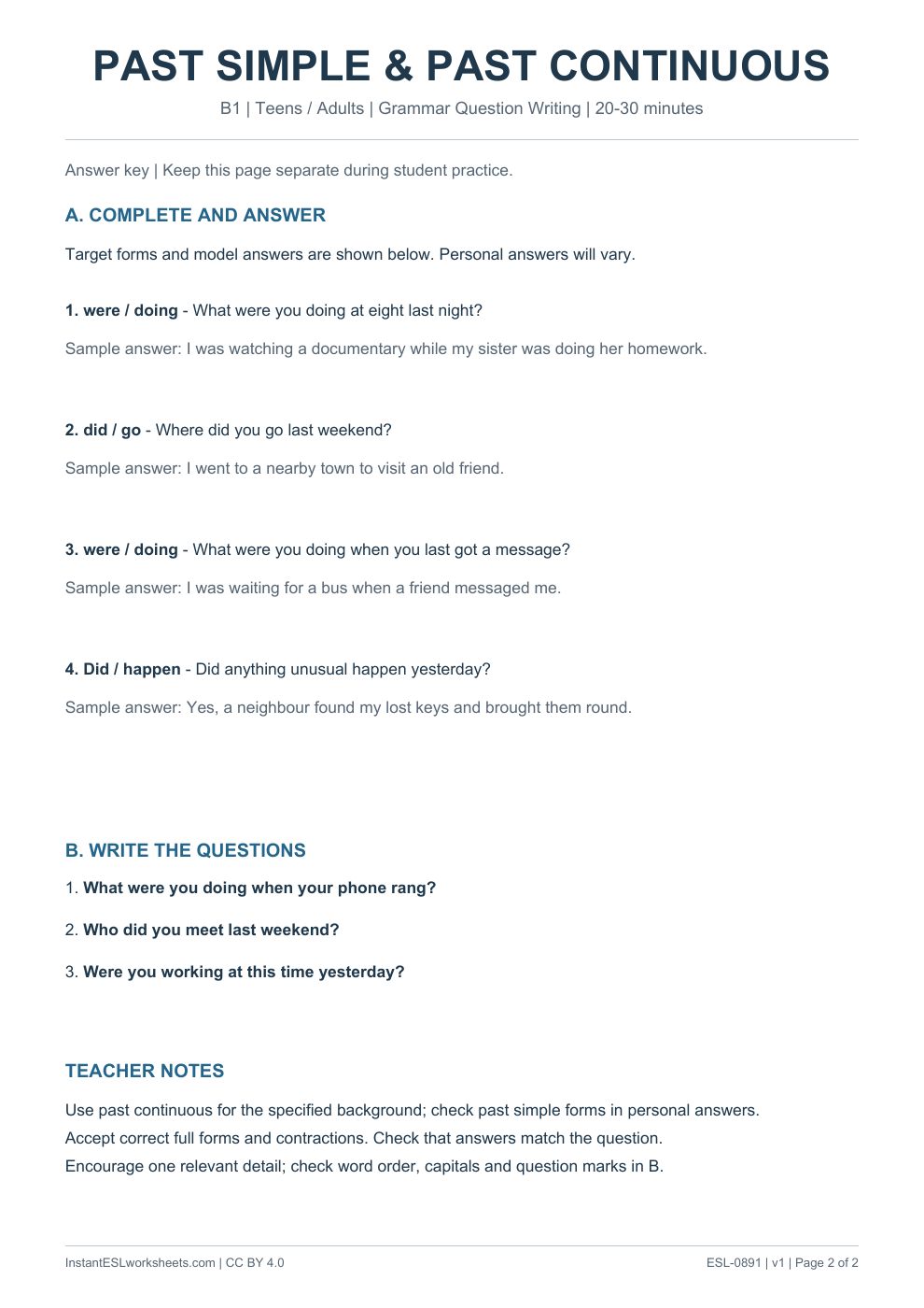 Page 2 of Past Simple and Past Continuous - Grammar Question Writing - answer key