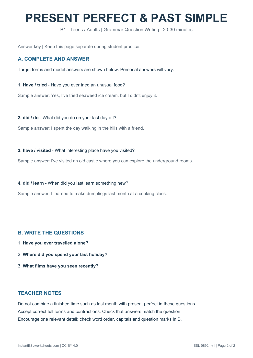 Page 2 of Present Perfect and Past Simple - Grammar Question Writing - answer key