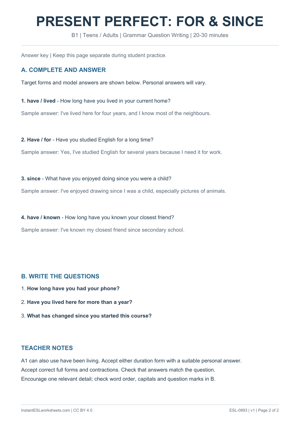 Page 2 of Present Perfect For and Since - Grammar Question Writing - answer key