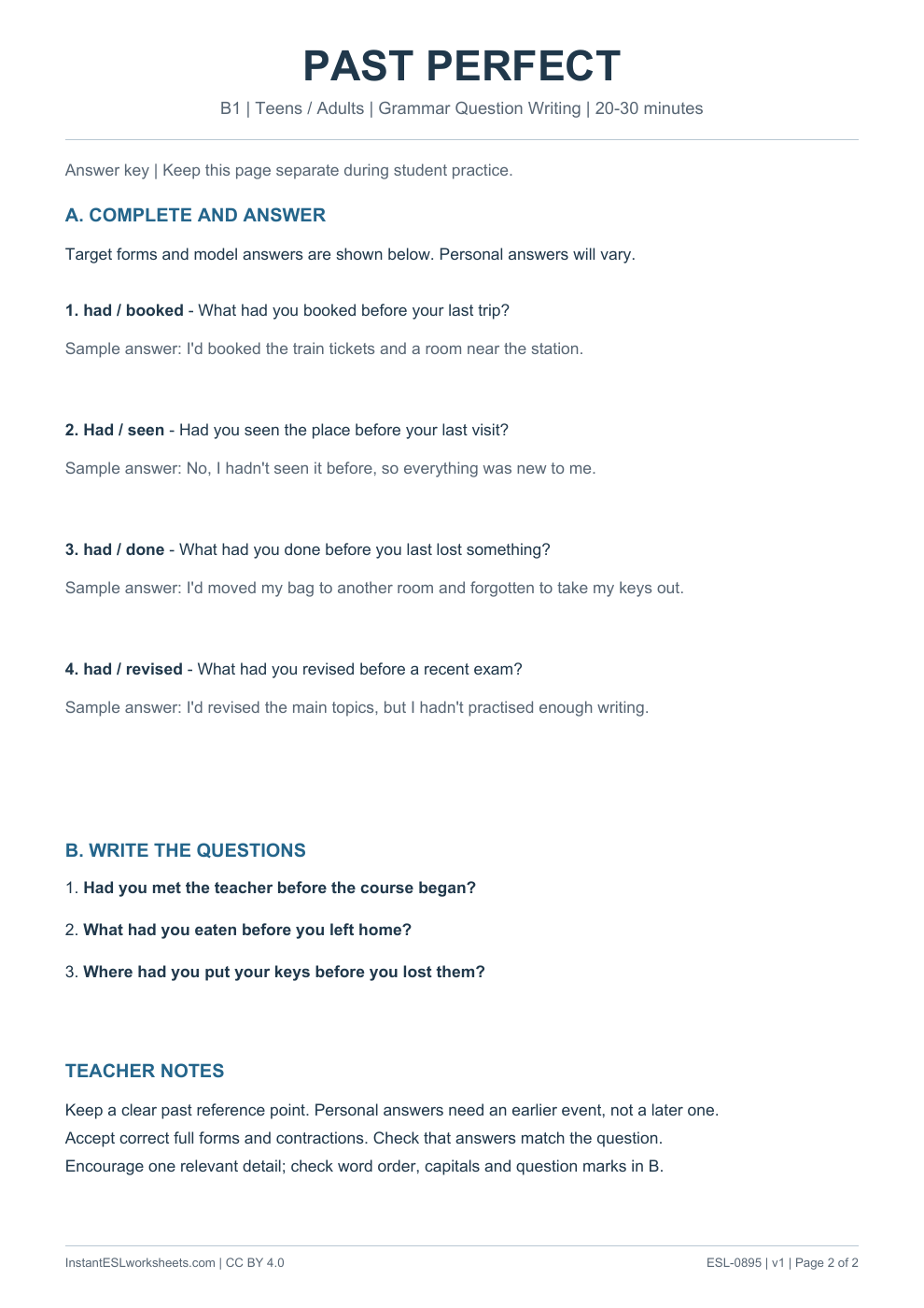 Page 2 of Past Perfect - Grammar Question Writing - answer key