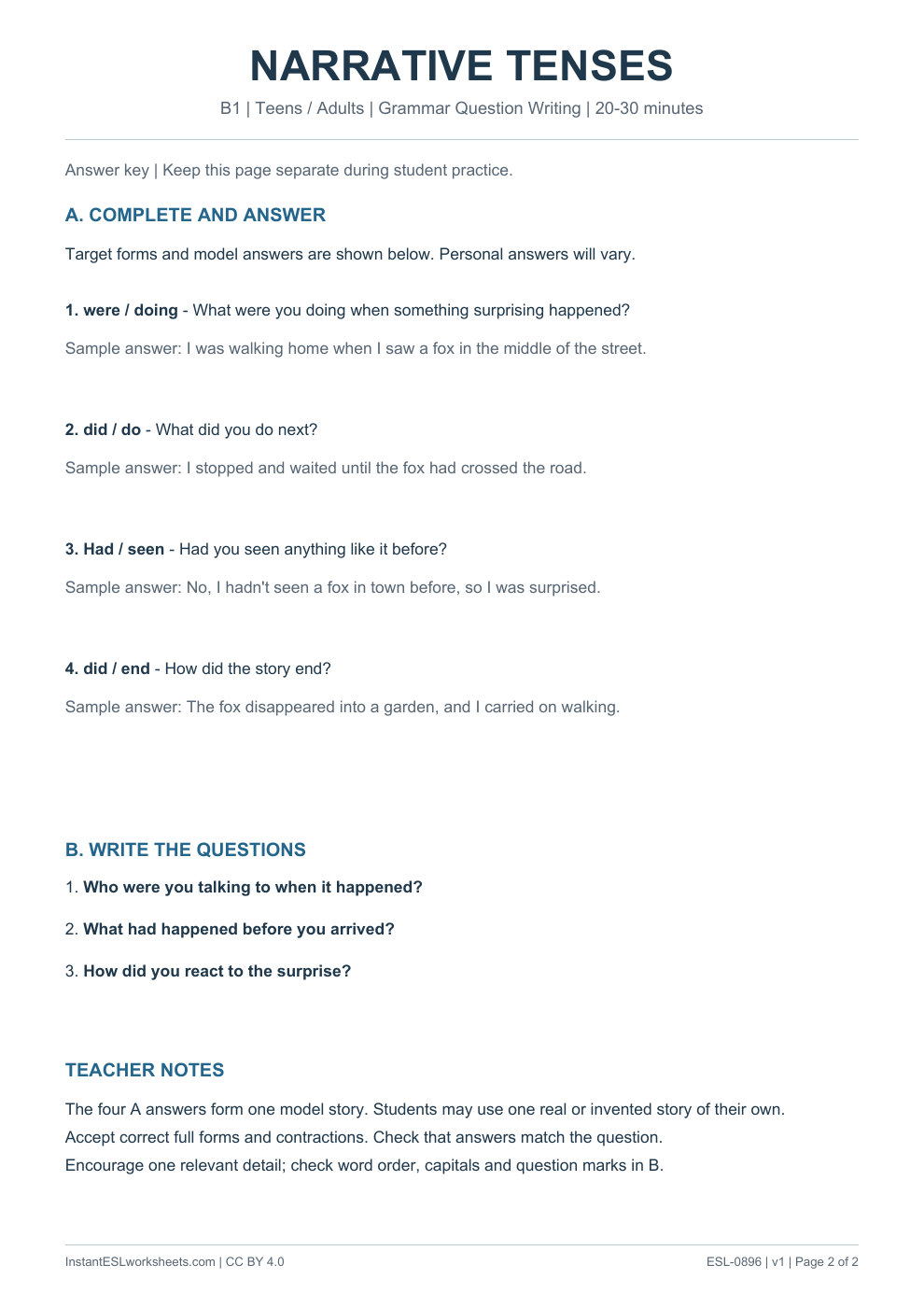 Page 2 of Narrative Tenses - Grammar Question Writing - answer key
