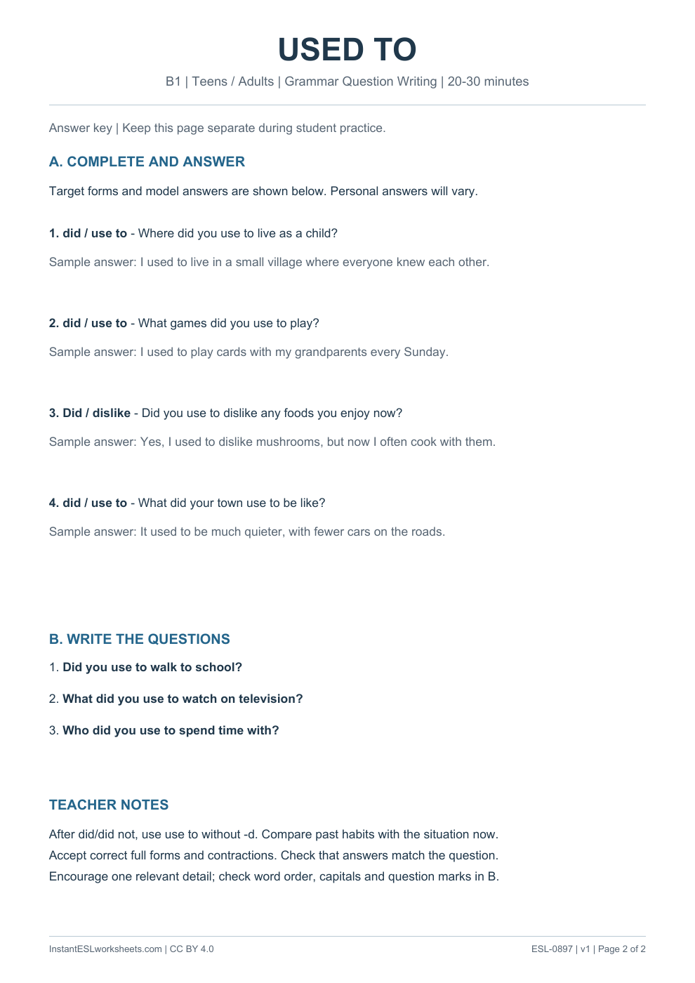 Page 2 of Used To - Grammar Question Writing - answer key