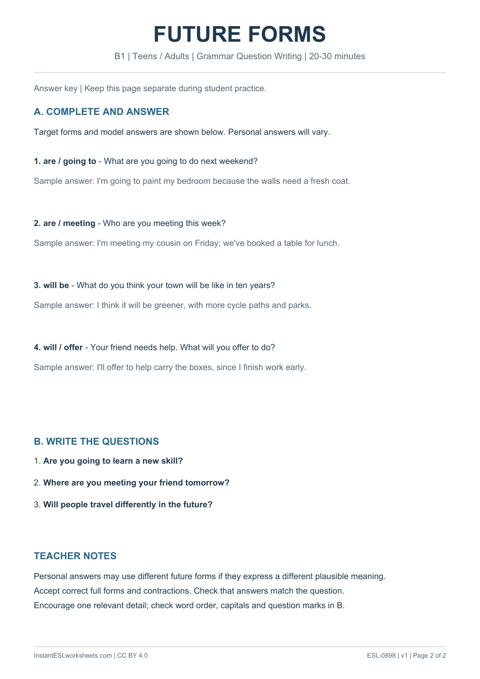 Page 2 of Future Forms - Grammar Question Writing - answer key