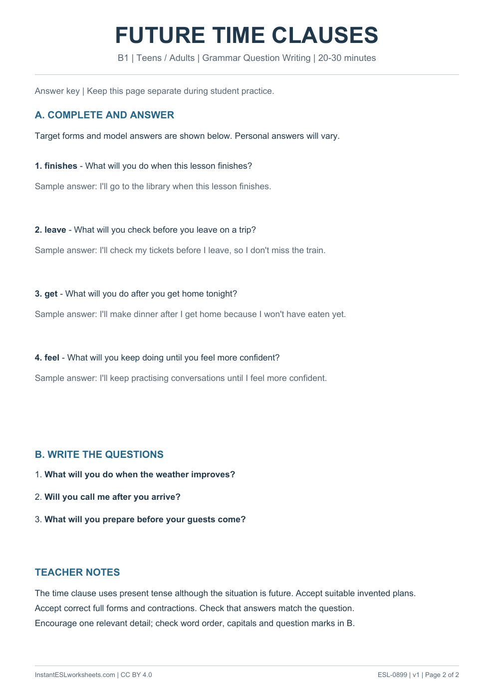 Page 2 of Future Time Clauses - Grammar Question Writing - answer key