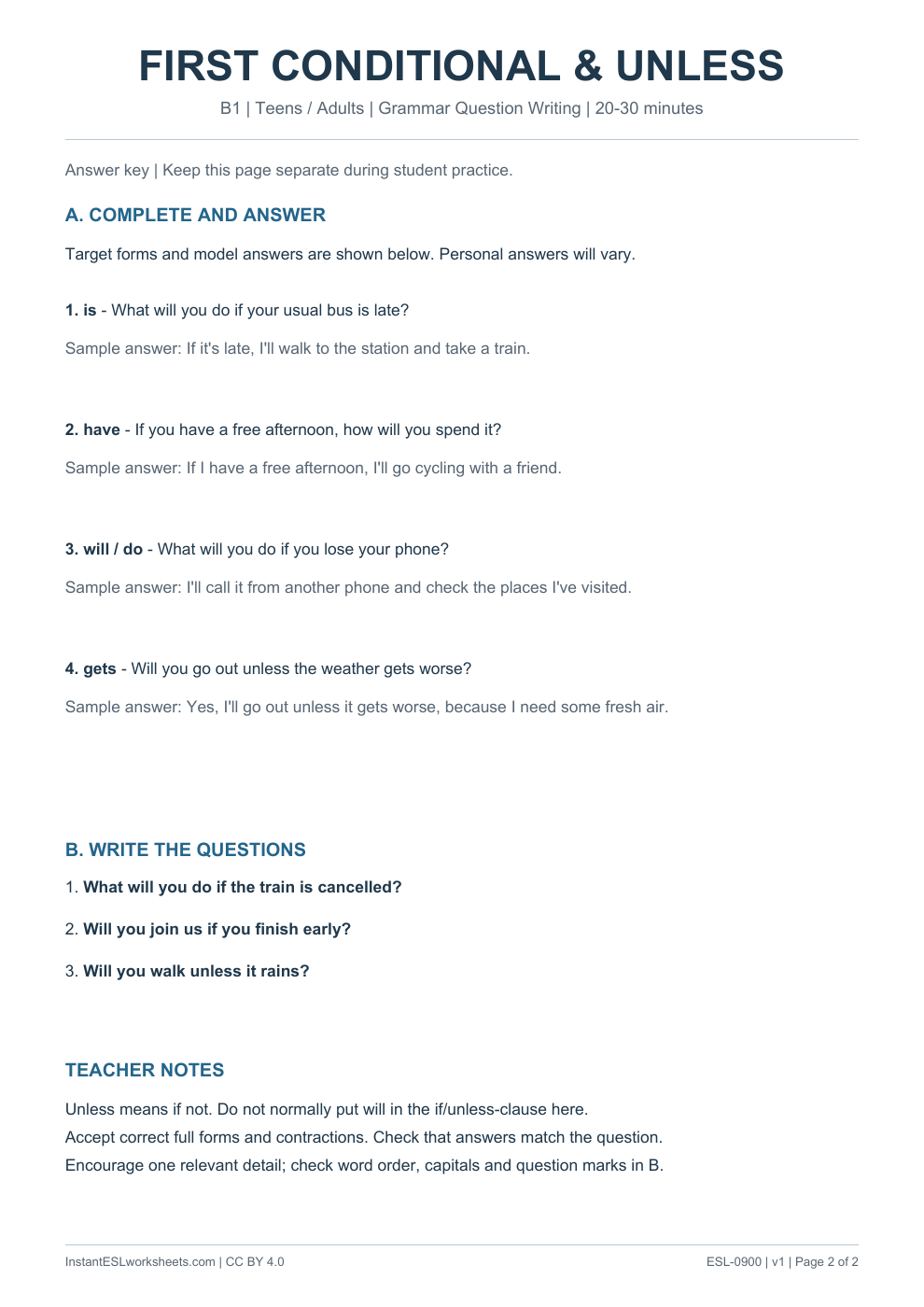 Page 2 of First Conditional - Grammar Question Writing - answer key