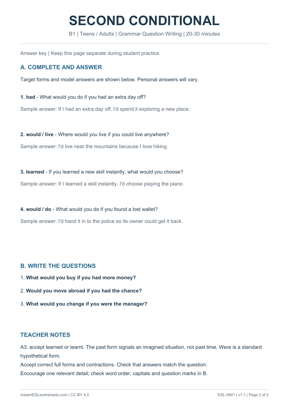Page 2 of Second Conditional - Grammar Question Writing - answer key